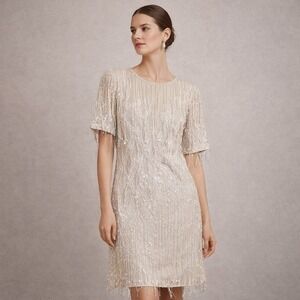 Elegance by Anujan Silk Beaded Sequin Dress Ivory Vintage India Medium